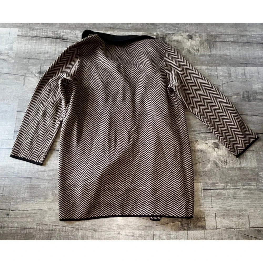 Anne Klein Herringbone Knit Blazer Faux Leather Collar Double Breasted Tan Black